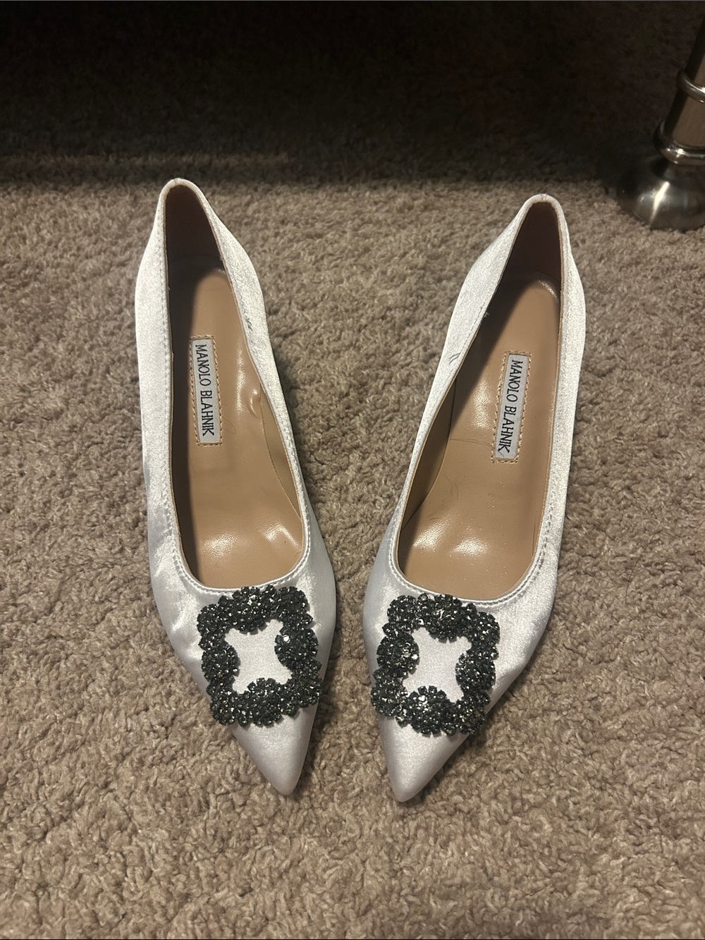 Manolo Blahnik Silver Pointed-Toe Pumps with Black Crystal Buckle